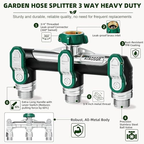 Garden Hose Splitter 3 Way, Heavy Duty Metal, 3/4" GHT, Green 2.48" Easy-Turn Handles, 3 Independent Shutoff Valves, Full-Flow 0.59" Outlets for Timers, Sprinklers & Irrigation view 5