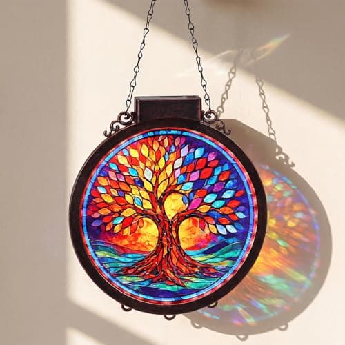Hoikwo Solar Powered Suncatcher Tree of Life, 8.6" Sun Catcher Stained Acrylic Plastic Lightweight Window Decor, for Porch Courtyard Garden Mother's Day Birthday Gift for Mom Her Housewarming — image 1