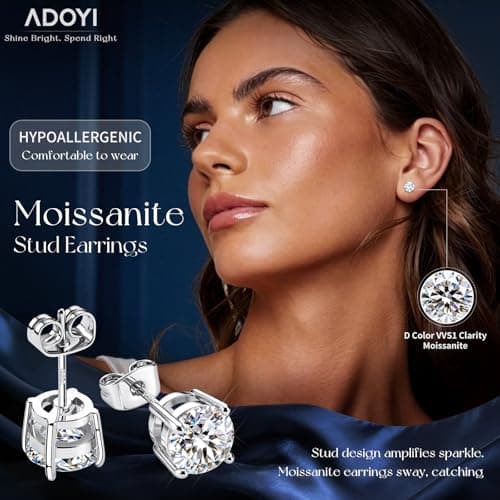 adoyi Moissanite Diamond Stud Earrings for Women 925 Sterling Silver Post 18K Gold Plated Earring Hypoallergenic Dainty Flat Back Stud Earrings Jewelry for Women D Color VVS1 Clarity 1.0CT-2.0CT view 2