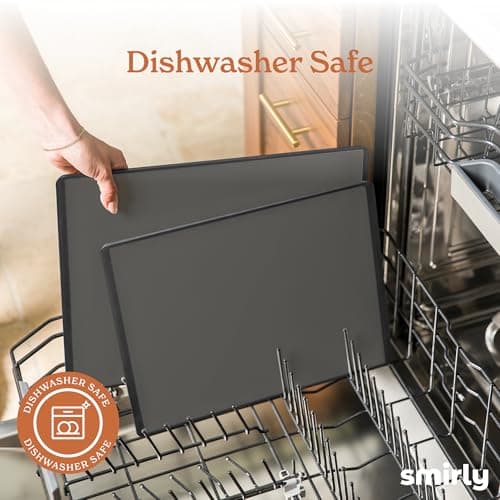 SMIRLY Plastic Cutting Board Set with Holder 3 Pieces, Non-Slip Dishwasher Safe Chopping Boards for Kitchen, Dark Grey view 6