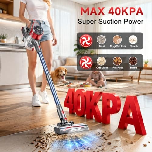 MOOPRI Cordless Vacuum Cleaner for Home - Powerful, 40Kpa Stick Vacuums Lightweight with Detachable Battery Display, Max 45Mins Runtime, 8 in 1 Handheld Vacuum for Hardfloor & Carpets Pet Hair view 2