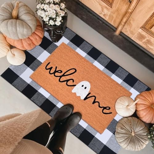 Halloween Door Mat Combo Set, Welcome Ghost Coco Coir Welcome Doormat + 28" x 43" Black and White Plaid Rug, Autumn Halloween Front Porch Entryway Decor Floor Mat — image 1