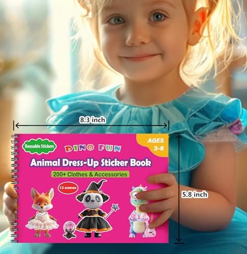 Dino Fun Animal Dress-up Sticker Book for Kids, Reusable Sticker Book for Toddlers 2-4 Years,12 Animals+Over 200 Cloths & Accessories,Sticker Dress up - Removable Sticker Activity Book for Girls view 5