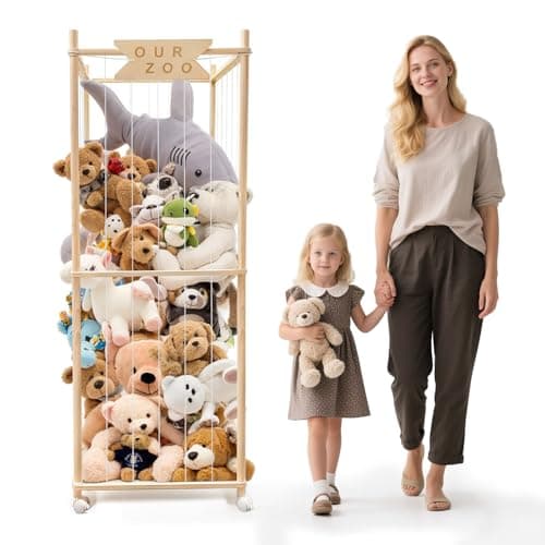 Stuffed Animal Storage Zoo with Wheels, Wooden Large Stuff Animals Plushies Holder, 22.5" D x 22.5" W x 64" H Toy Organizer Storage Cage with Elastic Band and Net for Nursery Playroom Bedroom view 1