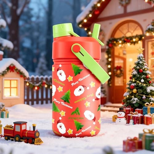 12 oz Kids Christmas Insulated Water Bottle: 2-in-1 Straw Spout Lid, Leakproof, BPA-Free, Keep Cold 24H, Stainless Steel Cup with Carrier Bag for Party, Travel, Holiday Gift (Santa's Jolly Wishes) view 6