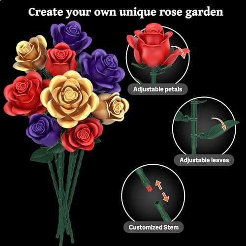 Rose Bouquet Flowers Building Set, 501Pcs Red Purple Golden Roses Artificial Flowers Botanical Collection Compatible with Lego Flowers Home Office Table Decor Gifts for Her/Mom/Girlfriend/Wife/Couple view 4
