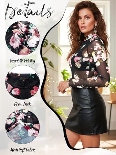Floral Mesh Long Sleeve Tops Women Sexy Lace Sheer Top Mockneck Going Out Shirt See Through Valentine's Day Outfit Top view 5