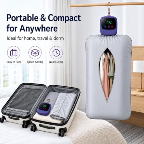 Portable Clothes Dryer: Travel Dryer 100-240V Travel Dryer, 36dB Quiet | 100–240V global voltage, 1.38 lb compact body, 4 drying modules; dries 6–10 garments for travel and small spaces. view 4