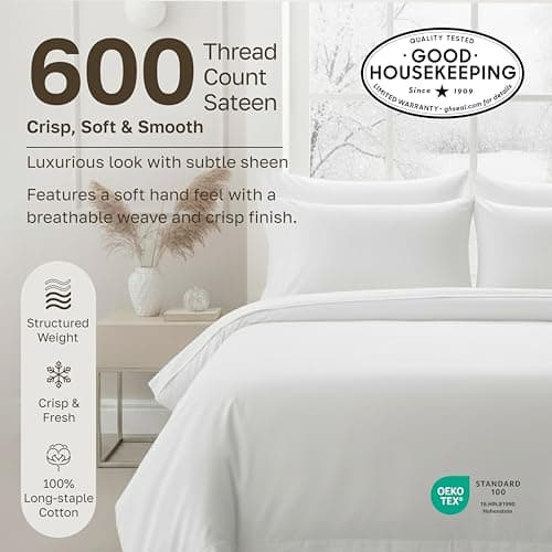 California Design Den Queen Sheet Set - Luxury 600 Thread Count Sateen, 100% Cotton Deep Pocket Queen Sheets with All Around Elastic, Snug Fit, Durable Bedding Set - White view 3