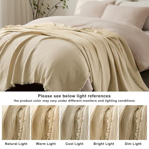 WDCOZY Muslin Throw Blanket 100% Cotton Blankets 4-Layer Breathable Lightweight Soft for Couch Boho Farmhouse Linen Tassels Ruffle Gauze Blankets All Season for Adults 50x60 Inches Beige Tan Neutral view 5