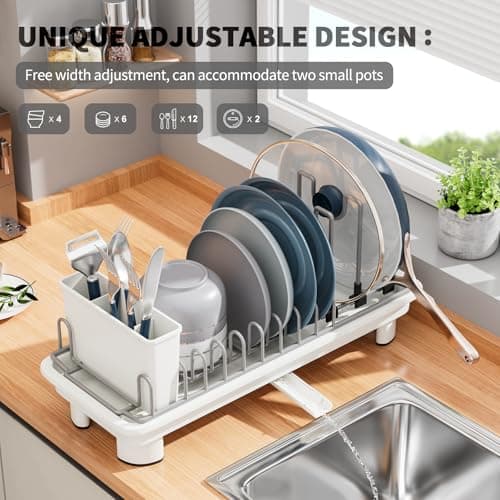 SanDream Small Dish Drying Rack with Removable Utensil Holder & Anti-Scratch Base - Stainless Steel Dish Rack, Dish Drying Rack with Drainage & Space Saving Design for Kitchen Counter, White view 4