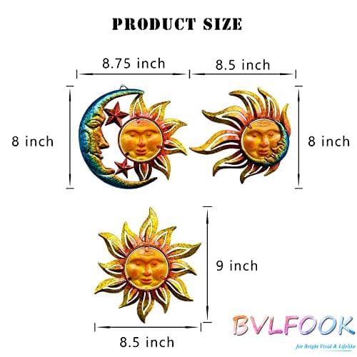 Home Wall Decor Living Room of Glass Sunface, Home Decor Wall Hanging Decor Metal Wall Art, Wall Decorations Boho Wall Decor, Garden Decor Farmhouse Decor Outdoor Decor for Patio, 3 Sets 9 inch Large view 6