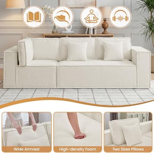 108'' Comfy Chenille Boneless Couch, Oversized Modular Sectional 3 Seater Sofa, Modern Deep Seat Corner Cloud Compressed Couch, No Assembly Sleeper Sofa with Chaise for Living Room, Beige view 3