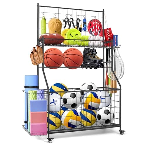 Sports Equipment Organizer,Garage Ball Storage Rack with Basketball Rack with Hooks and Rolling Wheels Cart-Black — image 1