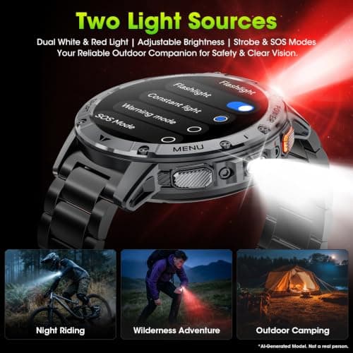 Military Smart Watch for Men, 1.7" Smartwatch with Flashlight & SOS Light | 1400mAh 90-Day standy battery life, Fitness Tracker with 110+ Sports modes, Bluetooth call, Compatible for Android phones iOS view 4