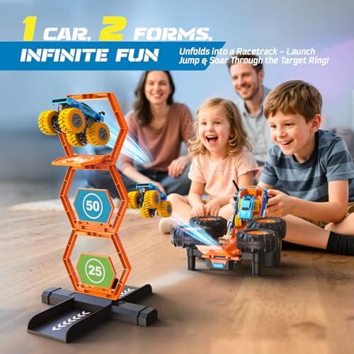 2-in-1 Remote Control Car with Transform Launcher Track – 1:16 RC Monster Truck Toys 2.4GHz, Self-Standing 360° Flips Towing Mini Cars & Electric Scoring Gate Truck Gift for Kids Boys Girls Age 4-12 view 3