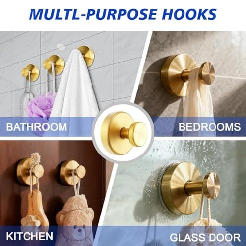 LUNIA Suction Cup Hooks, No Drill Bathroom Hooks, Waterproof Reusable Towel Hanger for Robe, Loofah, Mountable on Glass, Mirror, Tile & Smooth Non-Porous Surfaces - 2 Pack Gold view 4