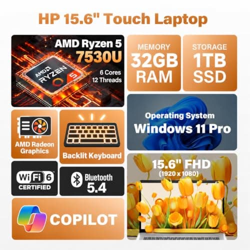 HP 15.6" FHD Touchscreen Laptop, AMD Ryzen 5 7530U, 32GB RAM, 1TB SSD | Backlit Keyboard with Numeric Keypad, Fast Charge, Windows 11 Pro, Lightweight Business Laptop for Home Work & Study view 2
