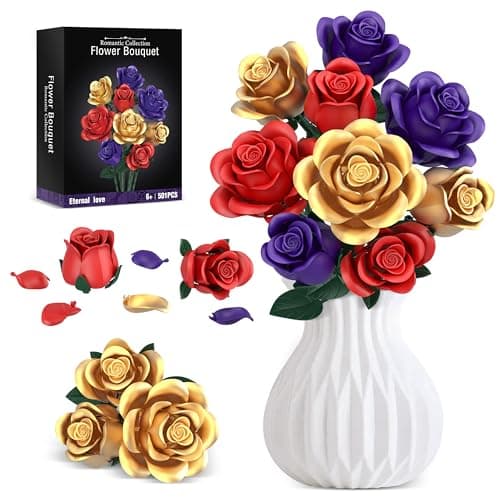 Rose Bouquet Flowers Building Set, 501Pcs Red Purple Golden Roses Artificial Flowers Botanical Collection Compatible with Lego Flowers Home Office Table Decor Gifts for Her/Mom/Girlfriend/Wife/Couple — image 1