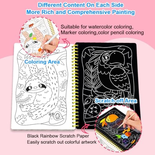 JUNQIU 2 Pack Animal & Unicorn Scratch Art for Kids, Rainbow Scratch Paper Art Notebook, Arts and Crafts for Boys Girls, Birthday Gifts Party Games view 4