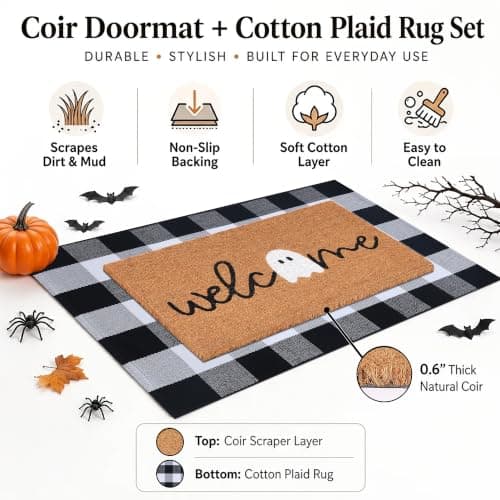 Halloween Door Mat Combo Set, Welcome Ghost Coco Coir Welcome Doormat + 28" x 43" Black and White Plaid Rug, Autumn Halloween Front Porch Entryway Decor Floor Mat view 2