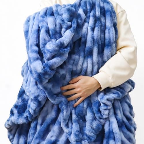IFNOW Double Sided Ruched Faux Rabbit Fur Throw Blanket for Couch, Ultra Soft Fluffy Mink Blanket, Plush Cozy Home Decor Throw Gifts for Women & Men, 50"x60", TieDyeBlue view 5