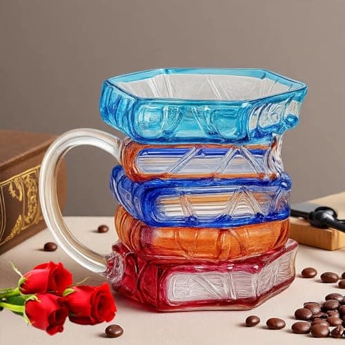 Handcrafted Glass Book Stack Coffee Mug, Colorful Stained Design,14oz, Unique Literary Gift for Readers (Large) view 2