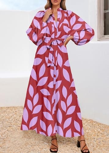 Lazysmile Maxi Dresses for Women 2025 Casual Long Sleeve Button Down Belted Boho Floral Shirt Dress with Pockets view 3