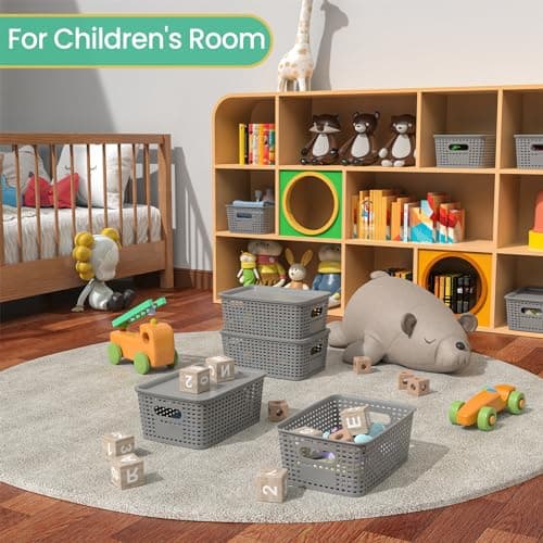 Plastic Storage Baskets with Lid-Plastic Storage Containers Stackable Storage bins: Storage Baskets for Organizing Shelves Drawers Desktop Closet Playroom Classroom Office,8 Pack-Gray10.2x7.2x4.1Inch view 6