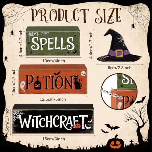 4 Pcs Hocus Pocus Decor, Vintage Halloween Decorations Indoor Table Sign | Halloween Kitchen Decor, Wooden Witch Hat Halloween Party Centerpieces, Tiered Tray Decor for Office Home Mantel Shelf view 2