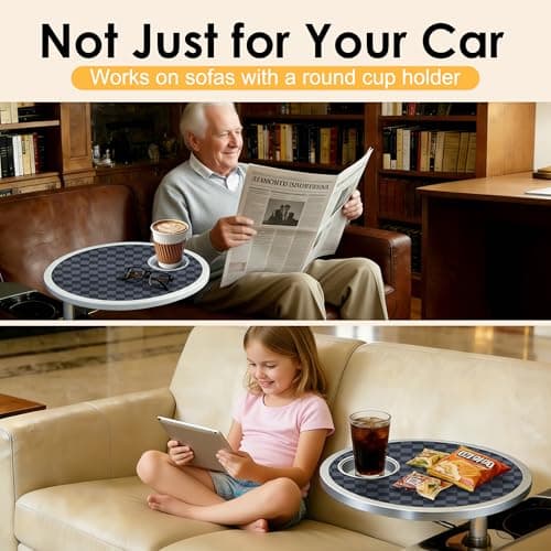 Car Food Tray & Car Table Tray with Car-Grade Aluminum Cup Holder & Phone Stand, Premium Wood with Leather Surface, 360° Rotating Car Desk for Laptop &Eating (Round, Black&Grey) view 4