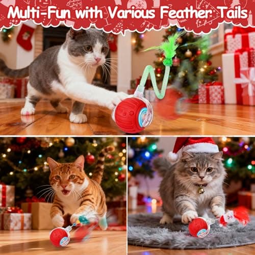 Interactive Cat Toy Ball - Christmas Cat Toys for Indoor Cats with Feather Tails for Chasing, Moving Stimulation Smart Cat Toy for Enrichment, Motion Activated Automatic Rolling Toys to Keep Them Busy view 5