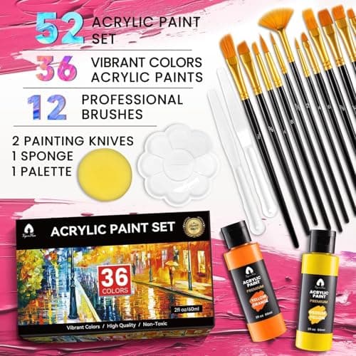 52 Pcs Acrylic Paint Set - 36 Colors (2oz/60ml) with 12 Brushes, 2 Knives & Palette - Rich Pigments for Adults, Artists & Beginners - Painting on Pumpkin Canvas Ceramic Rock Wood view 3