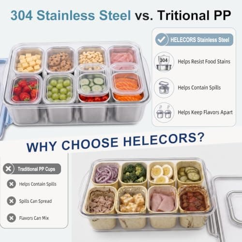 Helecors Stainless Steel Snackle Box Container with Individual Lids, 8 Removable Cups & 4 Forks, Portable Dishwasher Safe Snack Box for Kids Sports, Road Trips & Picnics view 2