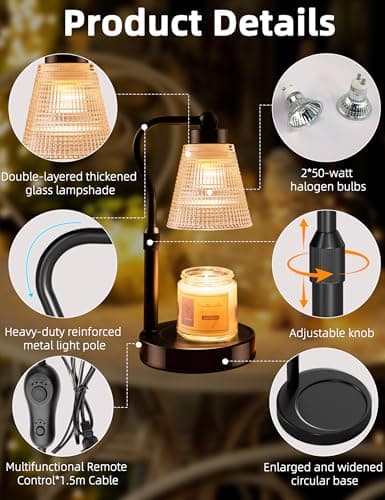 Candle Warmer Lamp for Jar Candles, Height Adjustable & Dimmable with 2/4/8H Timer, 2*50W Halogen Wax Melter Warmer for Home Office Décor, Flameless & Smokeless, Gift for Women Mom, Black-Clear/1 Pack view 6