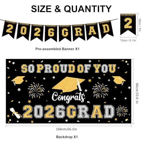 Graduation Decorations 2026 Black Gold Themed Grad Party Decor Set Backdrop Balloons Banner Honeycomb Centerpiece Hanging Swirl Kit Graduation Party Supplies for College High School Any Grade view 3