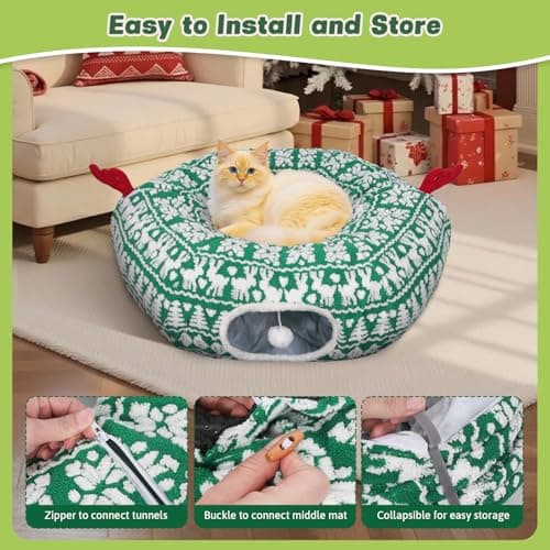 Petrendy Cat Tunnel Bed, Cute Cat Tunnels for Indoor Cats with Washable Mat, Hanging Ball, Collapsible Play Tunnel, Pet Donut Tube Bed Cave, Xmas Party Decor for Kitten, Rabbit, Puppy Gifts view 4