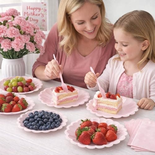 96 Pcs Pink Paper Plates and Napkins Party Supplies Serve 24 Guests Include Scalloped Mothers Day Plates 9.5", Dessert Plate 7.5", Napkins Plastic Forks for Baby Bridal Shower Wedding Birthday view 6