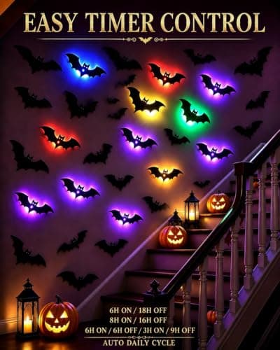 48PCS & 12 LED String Lights Halloween Bats Wall Decor,USB Powered Lighting view 5