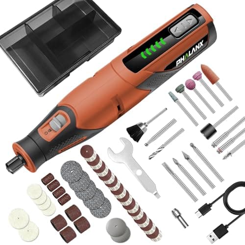 PHALANX Cordless Rotary Tool Kit with 64 pcs Accessories, 2500mAh 4V Li-ion Battery, Type-C Fast Charging, 5 Speed 25000RPM Electric Grinder for Polishing, Engraving, Sanding, DIY Crafts (Orange)