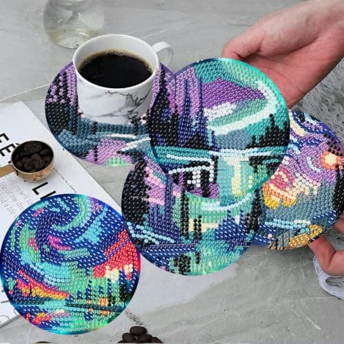 ijbnhd 8 Pcs Aurora Diamond Art Coasters Kits, Landscape Diamond Painting Coasters Kit with Holder, Diamonds Art Non Slip Coaster Crafts Kits for Adults Gifts 4x4 inch (Cork Wooden Pad) view 4