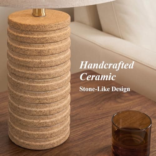 PoKat 23'' Farmhouse Table Lamps Set of 2 for Bedroom, Stone-Like Ceramic | Bedside Lamps for Nightstand, Distressed Handcrafted Base, Antique Sand-Beige Color, Boho Lamps for Living Room Side Table view 2