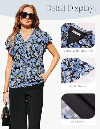 GRACE KARIN Womens Boho Tops Dressy Casual Ruffle Blouses Blue Black L | Flutter Sleeve Floral Shirts, V Neck Summer Fashion Clothes, Business Work Tops view 5
