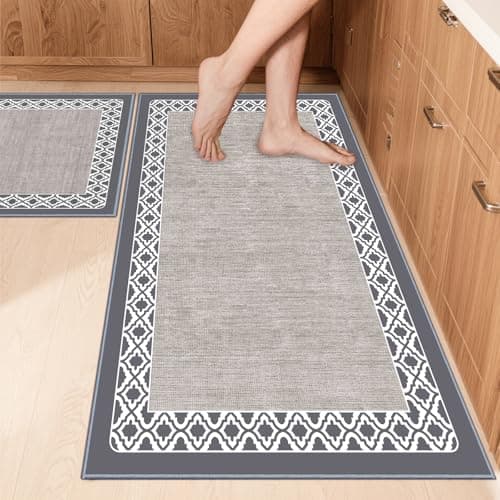 SAIKOOWA Kitchen Mats for Floor,Kitchen Rugs Mat Non Slip Washable Set of 2 PCS, Absorbent Runner Rugs for Kitchen, Front of Sink, 17.3"x 59"+17.3"x 30" Beige Gray — image 1