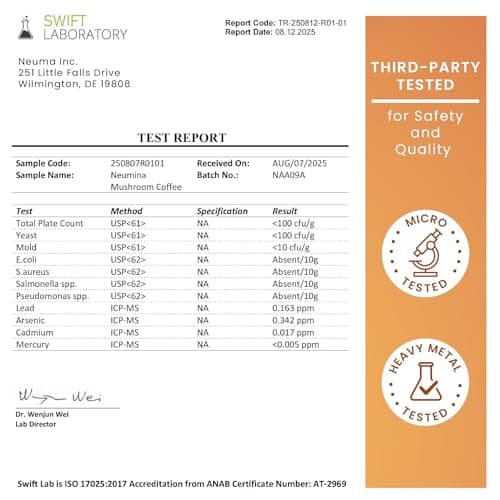 Neumina 6-in-1 Mushroom Coffee, Energy Coffee with 6 Adaptogenic Mushrooms (Cordyceps, Lion's Mane, Reishi, Chaga, Shiitake, Turkey Tail Total 1200mg), Almost30 Servings, 180g view 3