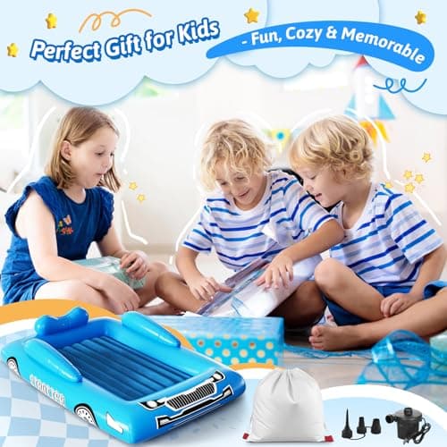 Inflatable Toddler Travel Bed with Tent – Foldable Portable Toddler Bed Cot - Blow Up Kids Air Mattress with Safety Bumper, Pump Carry Bag – Indoor Outdoor Nap Bed for Home, Camping, Hotel (Blue Car) view 7