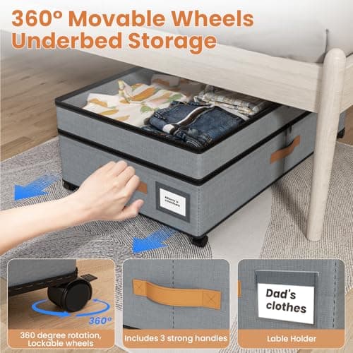 Mqaue Storage Box,Under Bed Storage with Wheels 72L XXL Under the Bed Storage Containers Large, 10‘’ Tall Adjustable Storage for Underbed with Lids, Rolling for Shoes, Clothes, Blankets, Grey view 3