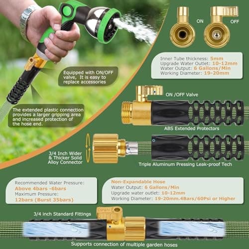PALRORY Non-Expandable Garden Hose 100 ft, Ultra Lightweight Flexible Water Hose with 10-Pattern Nozzle, Leak-Proof, High-Density Fabric, Thickened Connector, Shut-Off Valve for Yard, Lawn, Outdoor view 2