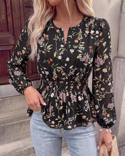 BTFBM Womens Tops Dressy Casual Floral V Neck Long Sleeve Chiffon Shirts view 6