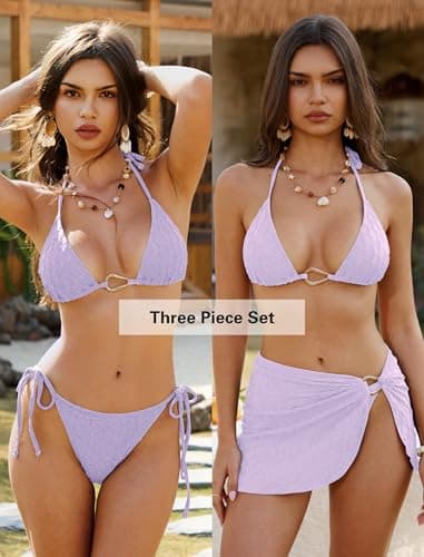 ZAFUL Women's Bikini Sets Three Piece Swimsuit Textured Halter String Tie Side Bathing Suits with Cover Up Skirt view 4